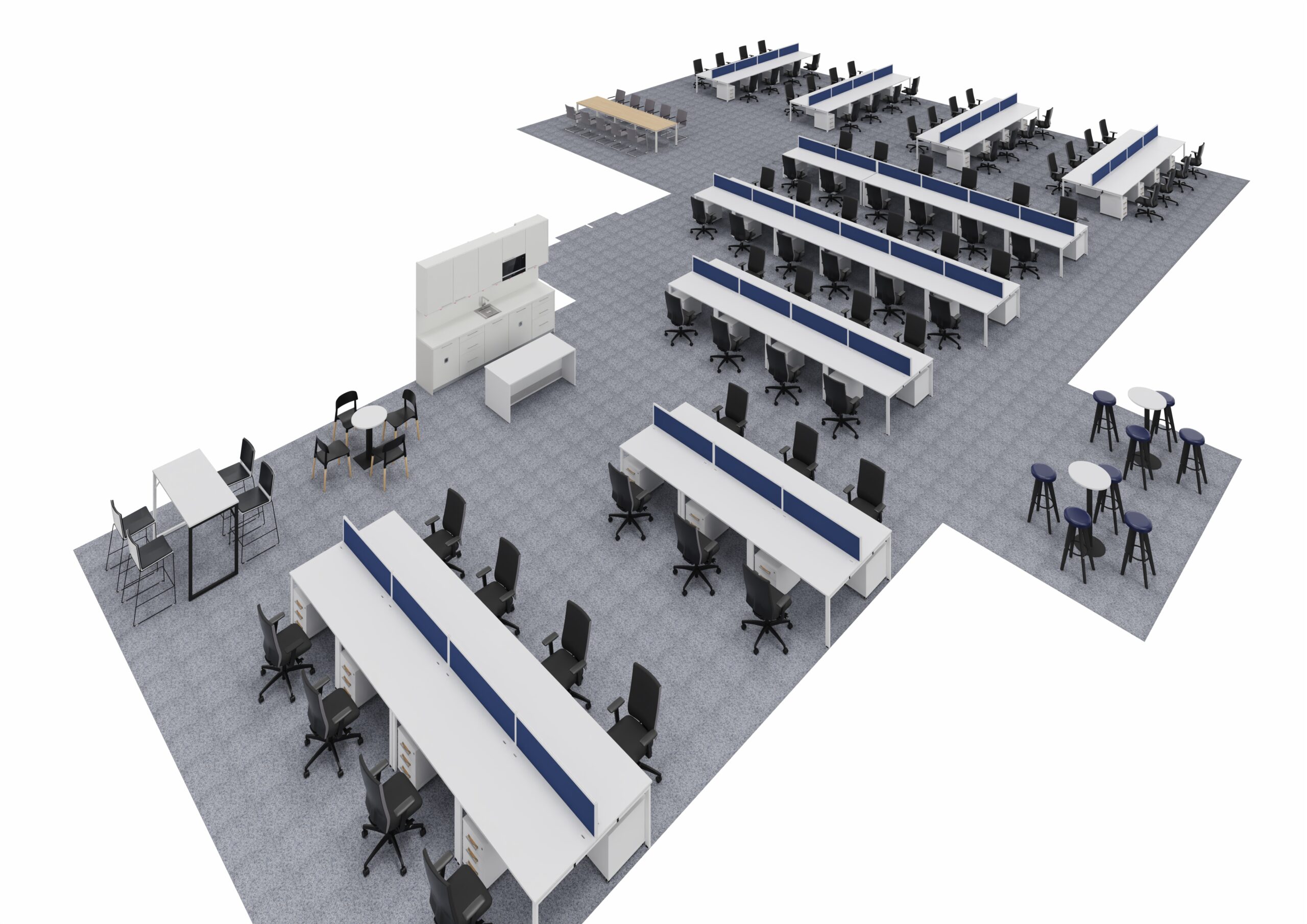 A 3D Ground Floor of a House with benchdesks and chairs